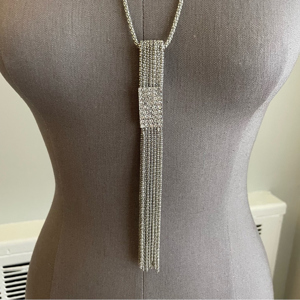 Long Silver Necklace With Rectangular Tassel Pend… - image 2